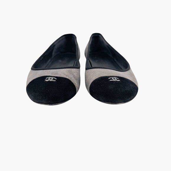 Chanel CC Gray Suede Black Cap Toe Ballet Flats Shoes Size 39 US 8-8.5 Logo - Picture 6 of 15